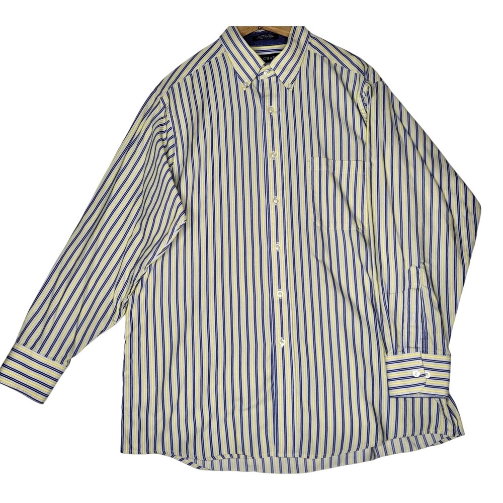 CHAPS Mens Striped Button Down Shirt Long Sleeve Wrinkle Free Yellow/Blue